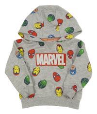 Šedá melírovaná mikina s hrdiny a kapucí Marvel